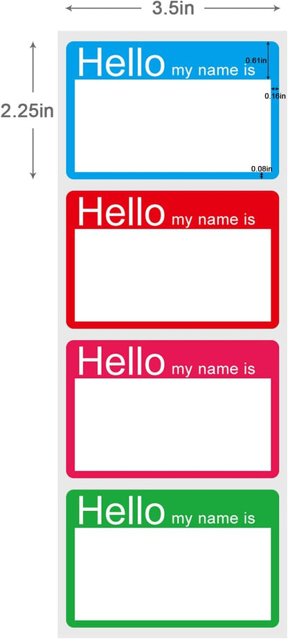 Name Tags Stickers 4 Colorful (Hello My Name is) Border Tag Labels - 200 Stickers (3.5 x 2.25 inch) for School Office and Home