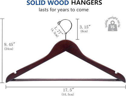 Amber Home 20 Pack Solid Wood Suit Coat Hangers, Smooth Walnut Finish Wooden Dress Hangers with Non Slip Pant Bar, Clothes Hangers with 360 Swivel Hook & Notches for Jacket, Pant, Shirt (Walnut, 20)
