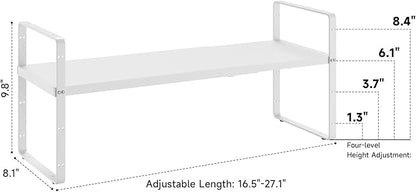 16.5~27.1" Expandable Shelf Organizer, 1Pack 8.1" Wide Stackable Cabinet Shelf Organizers, White Metal Sturdy Kitchen Counter Storage for Countertop, Adjustable Height Spice Rack