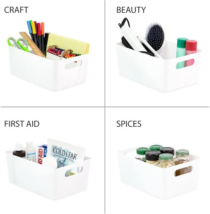 Isaac Jacobs 5-Pack Medium White Storage Bin (9.5” x 6.5”x 4”) Set w/Cut-Out Handles, Plastic Organizer, Multi-Use, Home, Office, Pantry, Closet, Kitchen