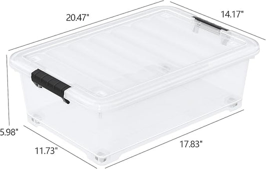 Zerdyne 20 L Plastic Underbed Storage Box with Wheels, 4-Pack Clear Latch Container for Under Bed