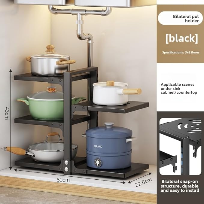 Mnftive adjustable Pot and Pan Organizer for Cabinets - Heavy Duty No Drill Storage Rack, Fits 20 Inch Deep Shelves, Space Saving Under Shelf Design (each layer Max Load 15lbs)