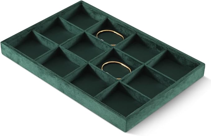 Velvet Stackable Jewelry Display Tray, 12 Grid Watch Bangle Bracelet Storage Tray, Makeup Drawer Insert Jewelry Shop Organizer Plate (Green)