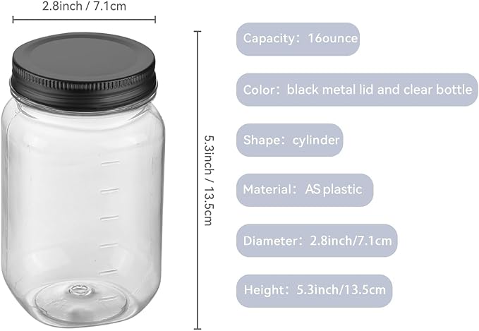 novelinks 16 oz Clear Plastic Jars with Lids, Refillable 16oz Mason Jars with Lids & Storage Containers for Kitchen & Household Use (24 Pack,Black)