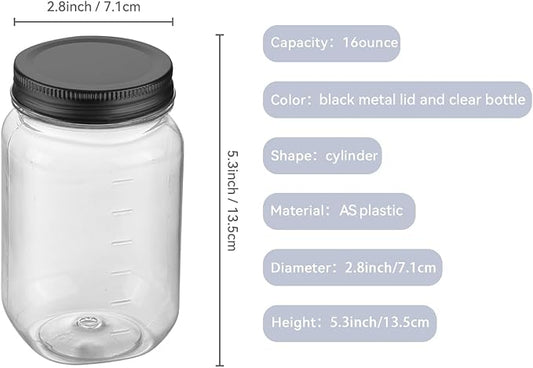 novelinks 16 oz Clear Plastic Jars with Lids, Refillable 16oz Mason Jars with Lids & Storage Containers for Kitchen & Household Use (20 Pack,Black)