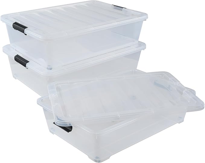 Buyitt 50 Quart Wheeled Latching Storage Box, Stackable Bin with Latch Lid, Plastic Container to Organize Shoes Underbed (3 Pack)
