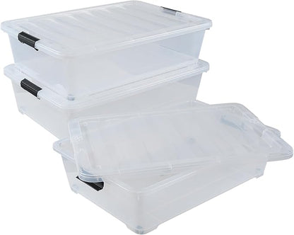 Buyitt 50 Quart Wheeled Latching Storage Box, Stackable Bin with Latch Lid, Plastic Container to Organize Shoes Underbed (3 Pack)