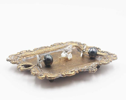 Funly mee Small Antique Trinket Dish Vintage Gold Metal Jewelry Tray, Ring Holder-5.3 x 3.5 x 1.2 inches
