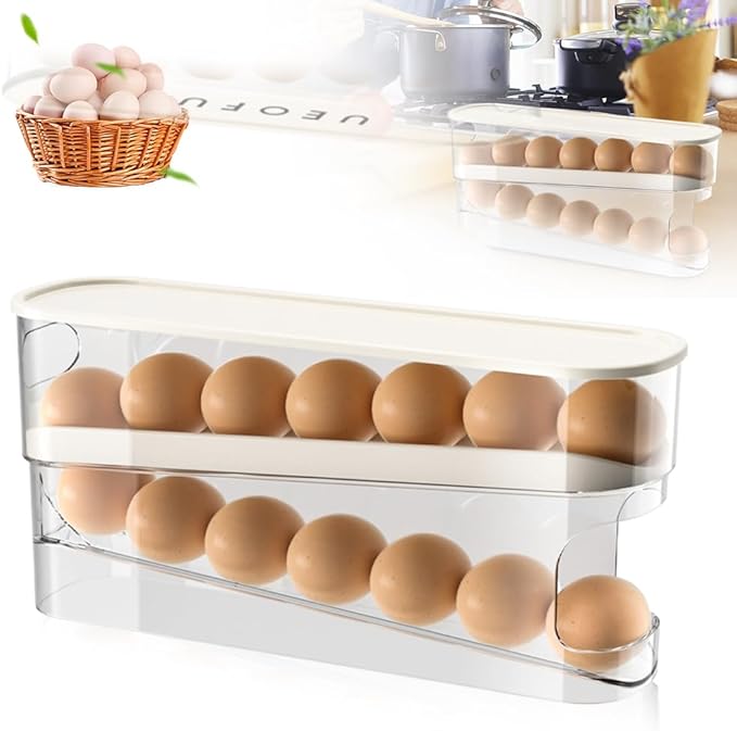 2025 New Egg Holder for Fridge, Egg Organizer for Refrigerator Automatic Scrolling Eggs Rack Holder Rolling Dispenser Stackable Container and Storage for Refrigerator with Lid