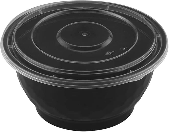 TIYA Food Bowls - Black Plastic To-Go Containers - Reusable, Microwavable, Dishwasher Safe - Leak-Resistant for Soups & Meal Prep (42 oz Bulk 120 Pack with Clear Lids) - BPA-Free