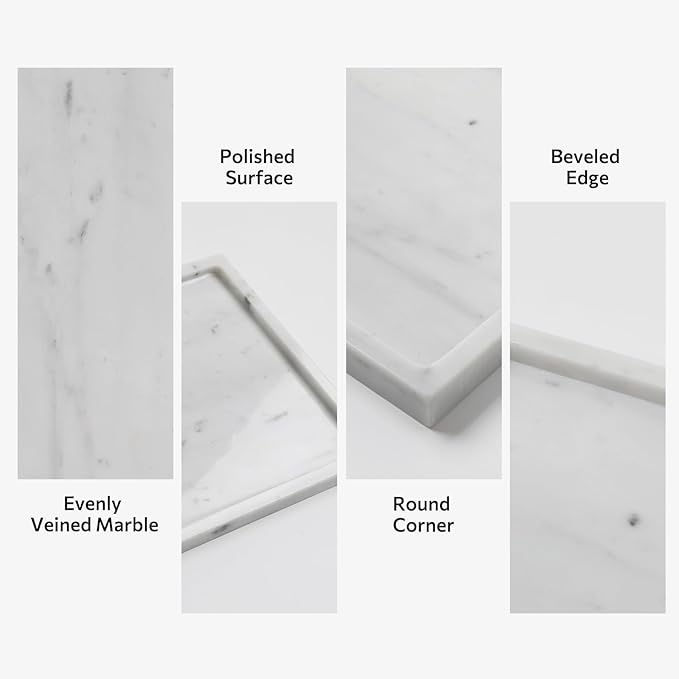Faticdorr Carrara White Marble Tray, Marble Vanity Tray, Bathroom, Decor for Trinket Perfume Jewelry Candle, Large, 12 Inch Rectangular