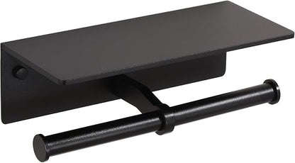 Toilet Paper Holder - Double Rolls Toilet Tissue Holder with Phone Shelf for Bathroom - TP Roll Holder with Wipes Storage, Wall Mounted by Adhesive Pad No Drilling or Screw - Matte Black