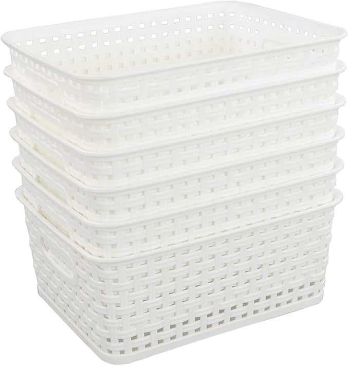 Saedy Pantry Organizers Storage Baskets Pack of 6, Woven Plastic Storage Baskets, White