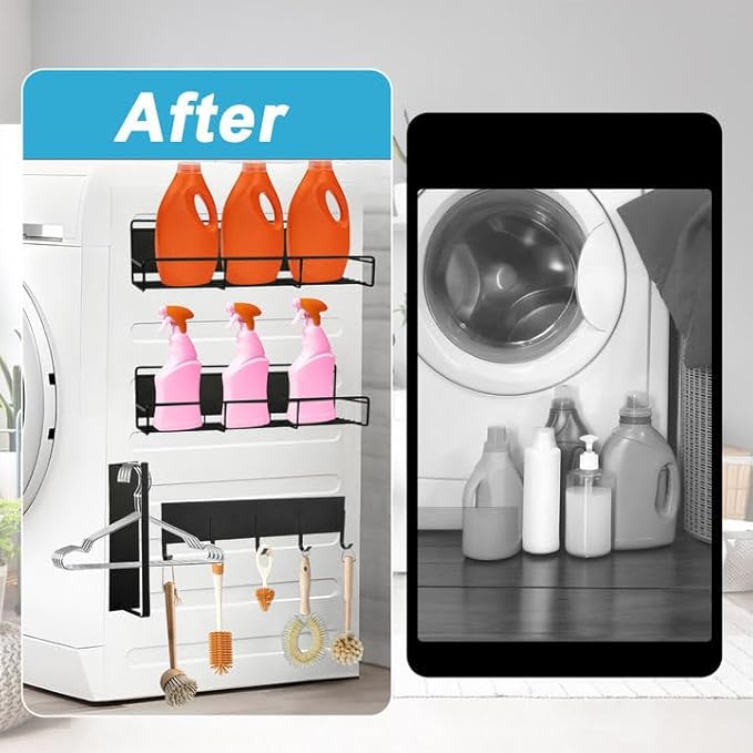 4 PCS Magnetic Shelves for Washing Machine Magnetic Washing Machine Shelf Magnetic Laundry Organizer Magnetic Hanger Holder for Laundry Room（Black）