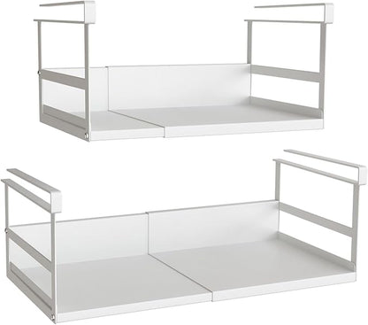 Expandable Under Cabinet Shelf Organizer with 0.94-Inch Thick Clips, Heavy Duty Extendable Under Shelf Storage Basket for Pantry or Laundry Room, White, 2 Pack, Interior: 5.7" H x 8.54" D