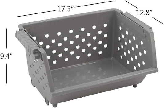 3 Pack Plastic Stacking Organizer Basket, Open Front Large Stackable Storage Bins, Gray