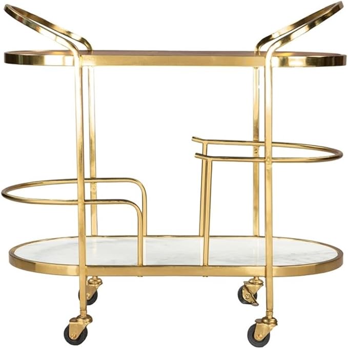 Pemberly Row Wood and Natural Marble Top Oval Bar Cart in Multi-Color