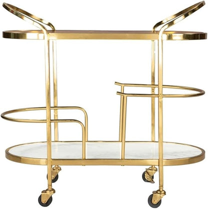 Pemberly Row Wood and Natural Marble Top Oval Bar Cart in Multi-Color