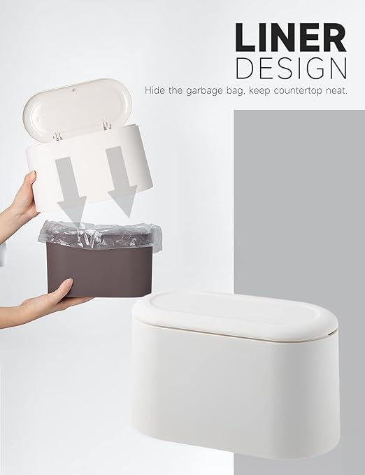 Mini Trash Can with Lid Removable Small Garbage Can, Tiny Plastic Trash Bin, Pop Up Countertop Wastebasket, Counter Garbage Lint Bin for Bathroom,Office,Kitchen,Desk(White)