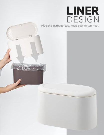 Mini Trash Can with Lid Removable Small Garbage Can, Tiny Plastic Trash Bin, Pop Up Countertop Wastebasket, Counter Garbage Lint Bin for Bathroom,Office,Kitchen,Desk(White)