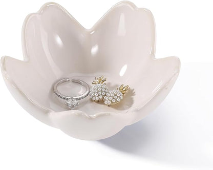 YZMICSTAR Flower Ring Dish Holder,Jewelry Dish Tray,Small Trinket Tray,Jewelry Plate Bowl,Key Bowl,Decorative Plate,Birtdhay Christmas Gifts for Women Friends,Ceramic Kiln effect White
