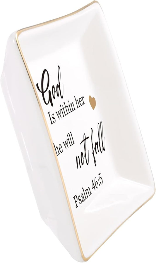 JOYIMARR Religious Gifts for Women Christian-Ceramic Ring Dish -God is Within Her She Will Not Fall, Christian Gifts for Mom Sister Aunt