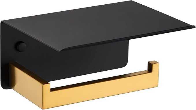 Suyar Toilet Paper Holder with Phone Shelf, SUS 304 Stainless Steel Toilet Paper Roll Holder with Storage Shelf Wall Mount, Black and Gold
