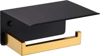 Suyar Toilet Paper Holder with Phone Shelf, SUS 304 Stainless Steel Toilet Paper Roll Holder with Storage Shelf Wall Mount, Black and Gold