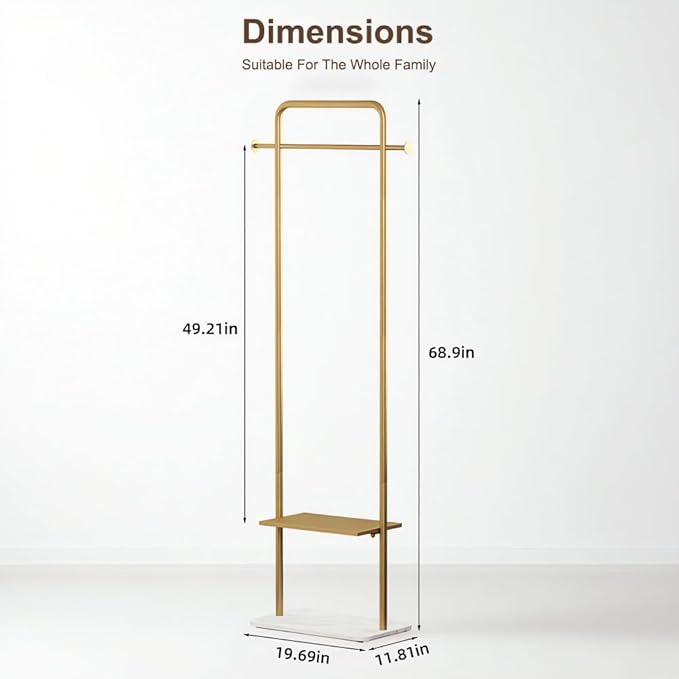 Gold Clothing Rack, Freestanding Coat Rack with Metal Shelves and Natural Marble Base, Small Clothes Stand Organizer for Bedroom, Entryway, Apartment (Gold, 19.7")