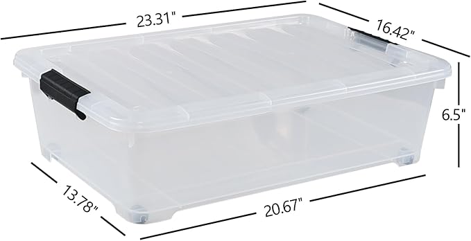 Hommp 4-Pack 25 Quart Under Bed Plastic Storage Bins, Clear Under Bed Storage Box Container with Wheels