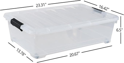 Hommp 4-Pack 25 Quart Under Bed Plastic Storage Bins, Clear Under Bed Storage Box Container with Wheels