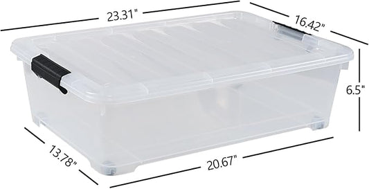 Hommp 4-Pack 25 Quart Under Bed Plastic Storage Bins, Clear Under Bed Storage Box Container with Wheels