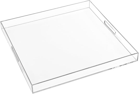 20×20 Inches Oversize Extra Large Sturdy Clear Acrylic Serving Tray King Size Decorative Big Ottoman Trays with Cut Out Handles Water Proof Bed Tray Coffee Counter Top Organizer