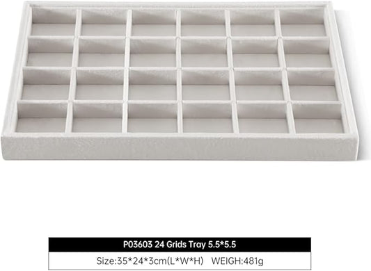 Velvet Stackable Jewelry Display Tray, 24 Grid Earring Ring Storage Tray, Drawer Divider Jewelry Accessories Organizer Plate (White)
