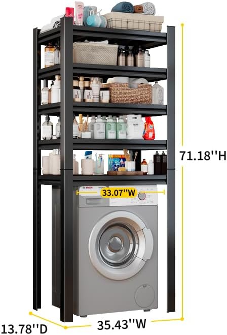 Over Washer and Dryer Shelves, 5 Tier Adjustable Metal Washing Machine Shelf, Sturdy and Spacious Laundry Room Organization and Storage Rack, 35.43''W*13.78''D*71.18''H, Black
