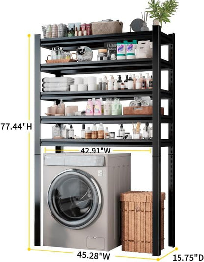 Over Washer and Dryer Shelves, 5 Tier Adjustable Metal Washing Machine Shelf, Sturdy and Spacious Laundry Room Organization and Storage Rack, 45.28''W*15.75''D*77.44''H, Black