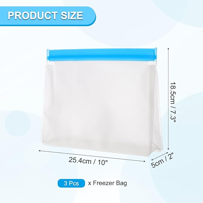 PATIKIL 10"x2"x7.3" Reusable Freezer Bag, 3 Pcs Leakproof Zip Food Storage Stand Up Bags Fridge Snack Vegetable Fruit Ice Container for Long-Lasting Freshness, Blue