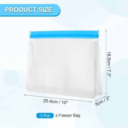 PATIKIL 10"x2"x7.3" Reusable Freezer Bag, 3 Pcs Leakproof Zip Food Storage Stand Up Bags Fridge Snack Vegetable Fruit Ice Container for Long-Lasting Freshness, Blue