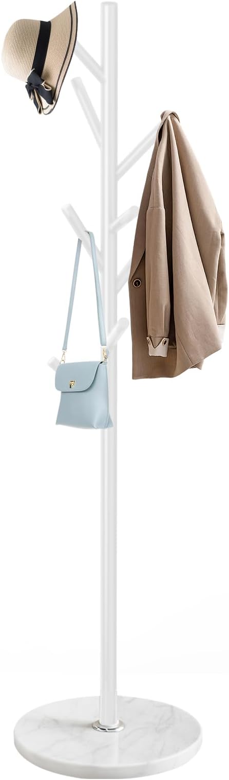 Modern Coat Rack Stand, Metal Freestanding Coat Rack with Natural Marble Base, White Coat Racks with 8 Hooks and Coat Hanger Tree Jacket Stand for Office, Entryway, Hallway