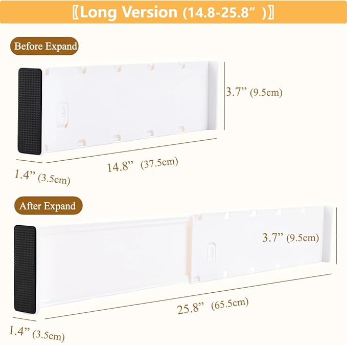 Expandable Closet Organizer Set, 6-Pack, 14.8"-25.8" Adjustable, 3.7" High, Plastic Storage Dividers for Drawers, Dresser, Kitchen, Bedroom, Office