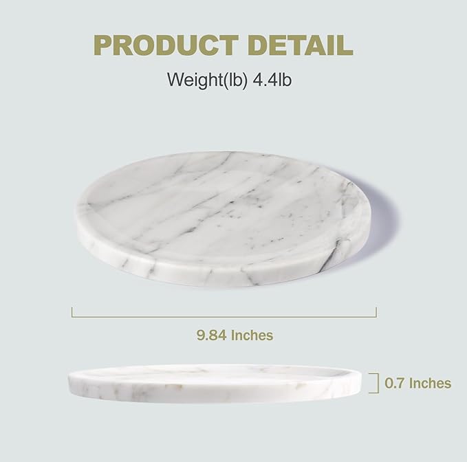 Natural Marble Decorative Tray for Bathroom Bedroom Kitchen Dresser, 9.8” Round Vanity Trays for Jewelry, Perfume, Cosmetic, Candle, Countertop Storage Organizer for Home Decor White, Arabescato