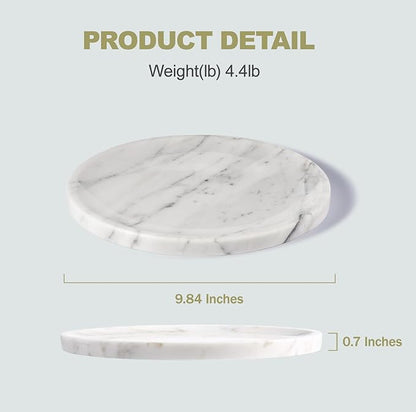 Natural Marble Decorative Tray for Bathroom Bedroom Kitchen Dresser, 9.8” Round Vanity Trays for Jewelry, Perfume, Cosmetic, Candle, Countertop Storage Organizer for Home Decor White, Arabescato
