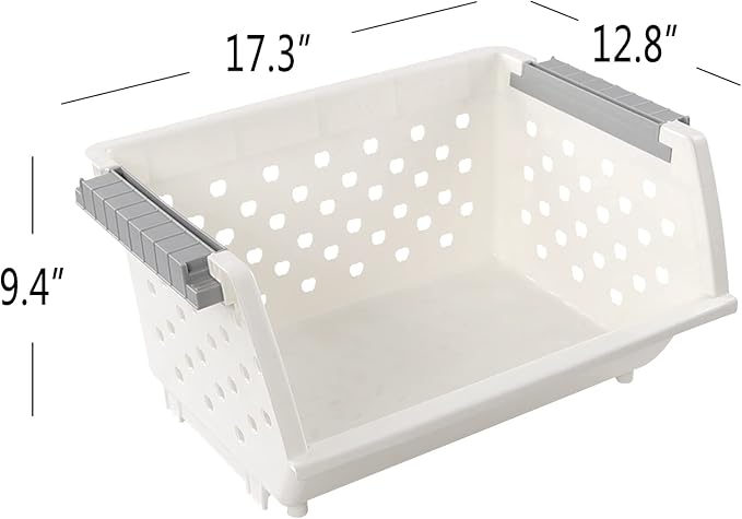 Bringer 4-Pack Plastic Stackable Storage Basket, Kitchen Stacking Organizer Basket, White