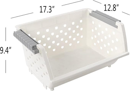 Bringer 4-Pack Plastic Stackable Storage Basket, Kitchen Stacking Organizer Basket, White