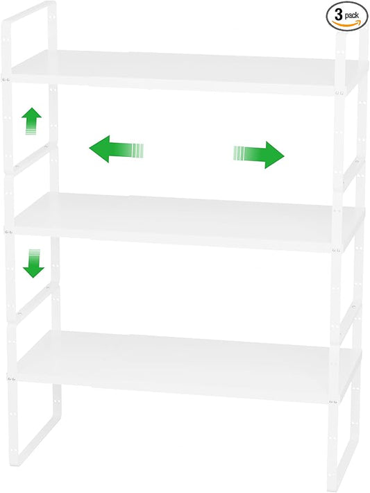 WEJIPP Cabinet Organizer Shelves,Expandable Pantry Counter Shelves,Stackable Under Sink Inside Cabinet Storage Spice Racks for Kitchen Bathroom Home Office,3 Packs,10.24" D,White