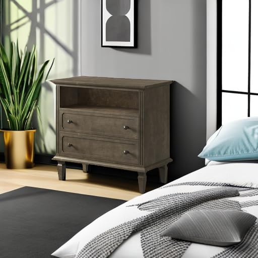 HULALA HOME Farmhouse End Table with Charging Station, End Table with USB Ports & Outlets, Fluted Pilasters Design Side Table with Open Space and 2 Drawers Dresser for Living Room, KONA