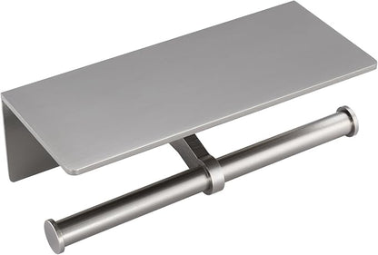 Toilet Paper Holder - Double Rolls Toilet Tissue Holder with Phone Shelf for Bathroom - TP Roll Holder with Wipes Storage, Wall Mounted by Adhesive Tape No Drilling or Screw - Brushed Nickel