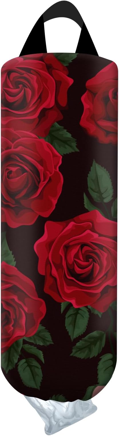 Plastic Bag Holder, Wall Mount Grocery Bag Organizer, Funny Hanging Trash Bag Storage Dispenser for Home Kitchen Cute Red Rose