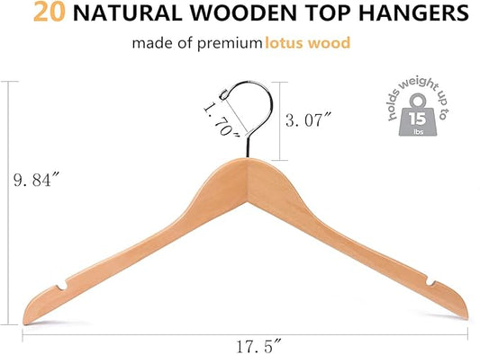 Amber Home 20 Pack Natural Wooden Shirt Hangers, Premiun Wood Coat Hangers Without bar, Clothes Hangers for Jacket, Bridal (Natural, 20)
