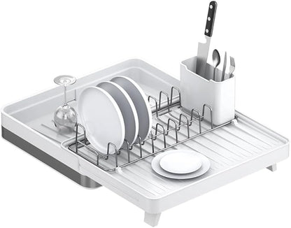 YOJIA Stainless Steel Dish Drying Rack, Extendable Dish Drainer Rack, Drainboard, Detachable Cup Shelf, Rustproof Multifunctional Organizer for Kitchen Counter, Cup Holders, Utensil Holder (14-White)